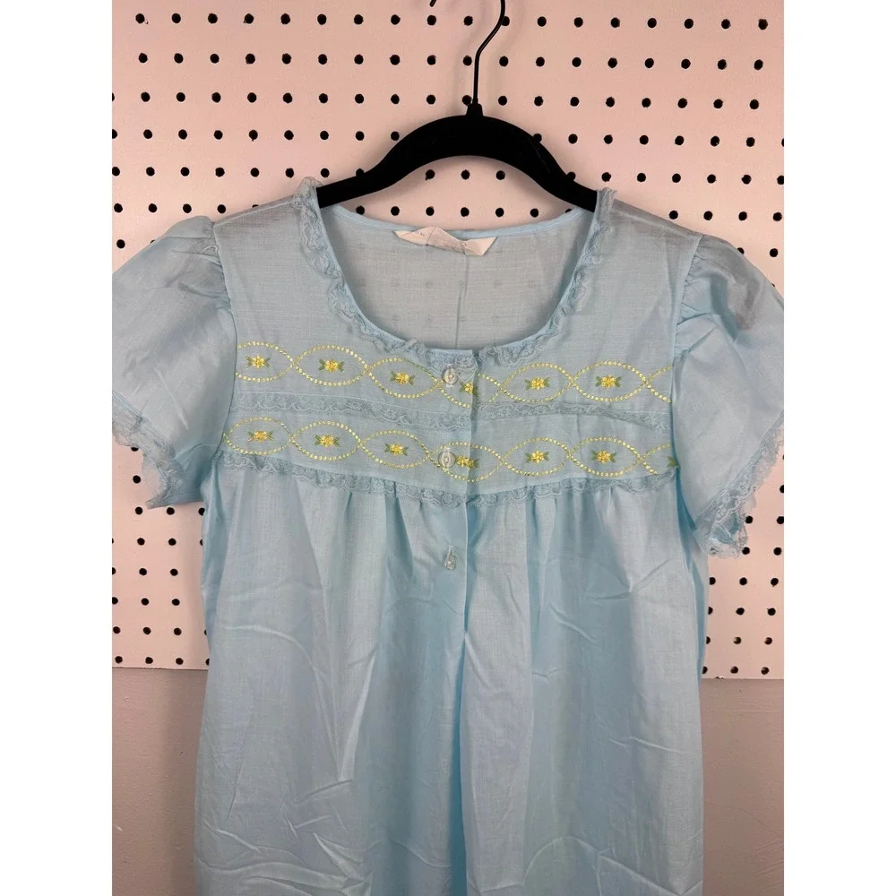 Vtg Katz Blue House Dress Embroidered Lace Puff‎ Sleeve Cottagecore Grannycore
